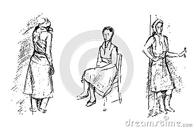 Vector set of three black and white sketches. Girls in clothes. Vector Illustration